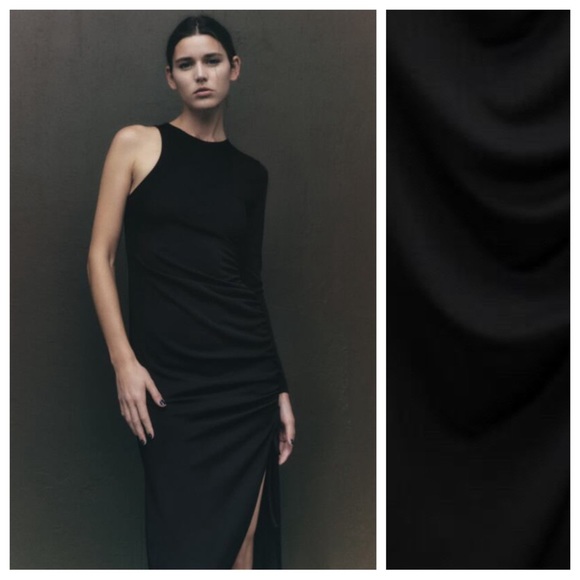 NWT. Zara Black Asymmetric Draped Midi Dress. Size M. - Picture 2 of 10
